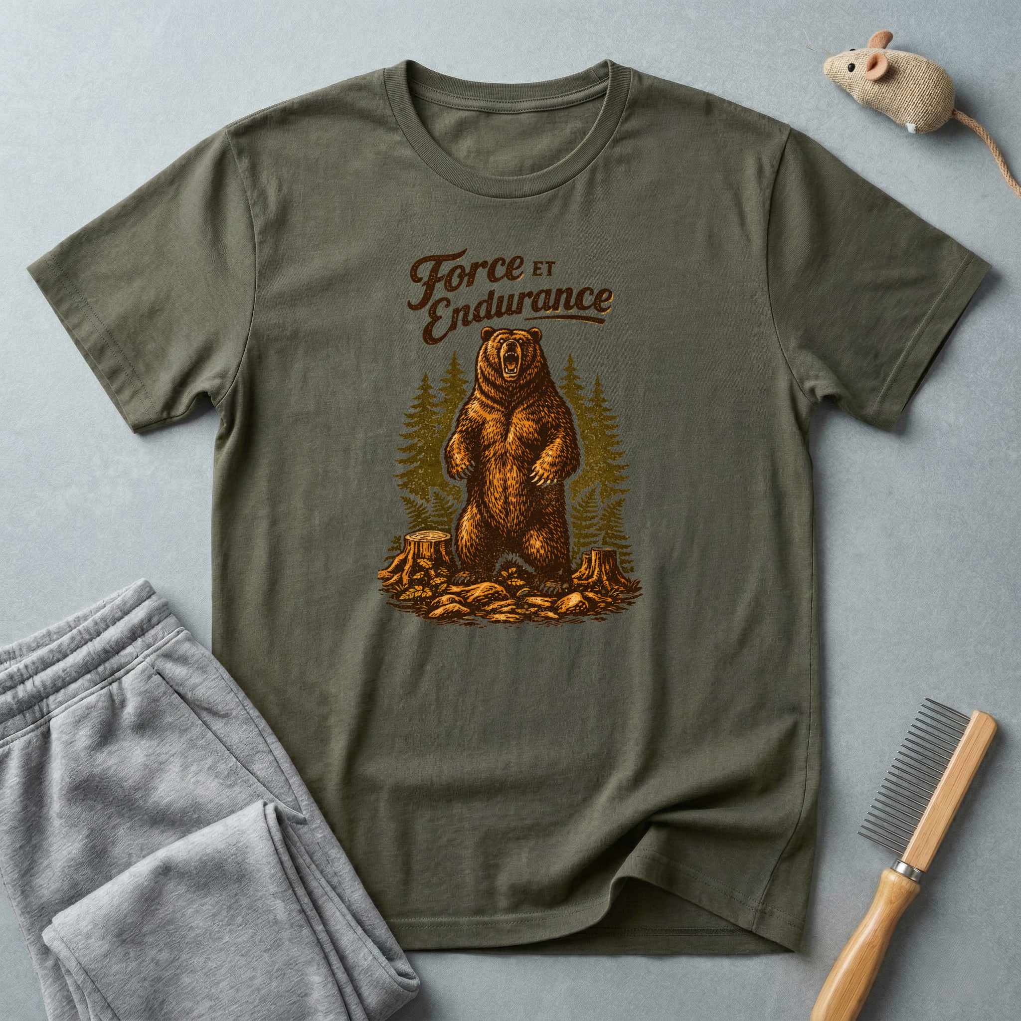 T-shirt Ours «Force et Endurance» — T-shirt graphique camping forêt style vintage 🐻🌲