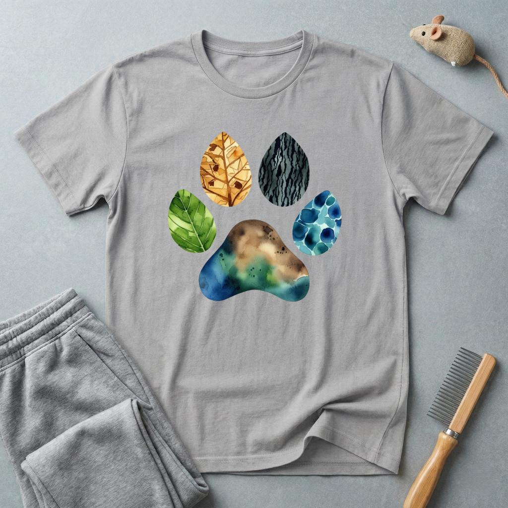T-shirt empreinte de patte nature — motif coloré de patte en feuilles et pierres