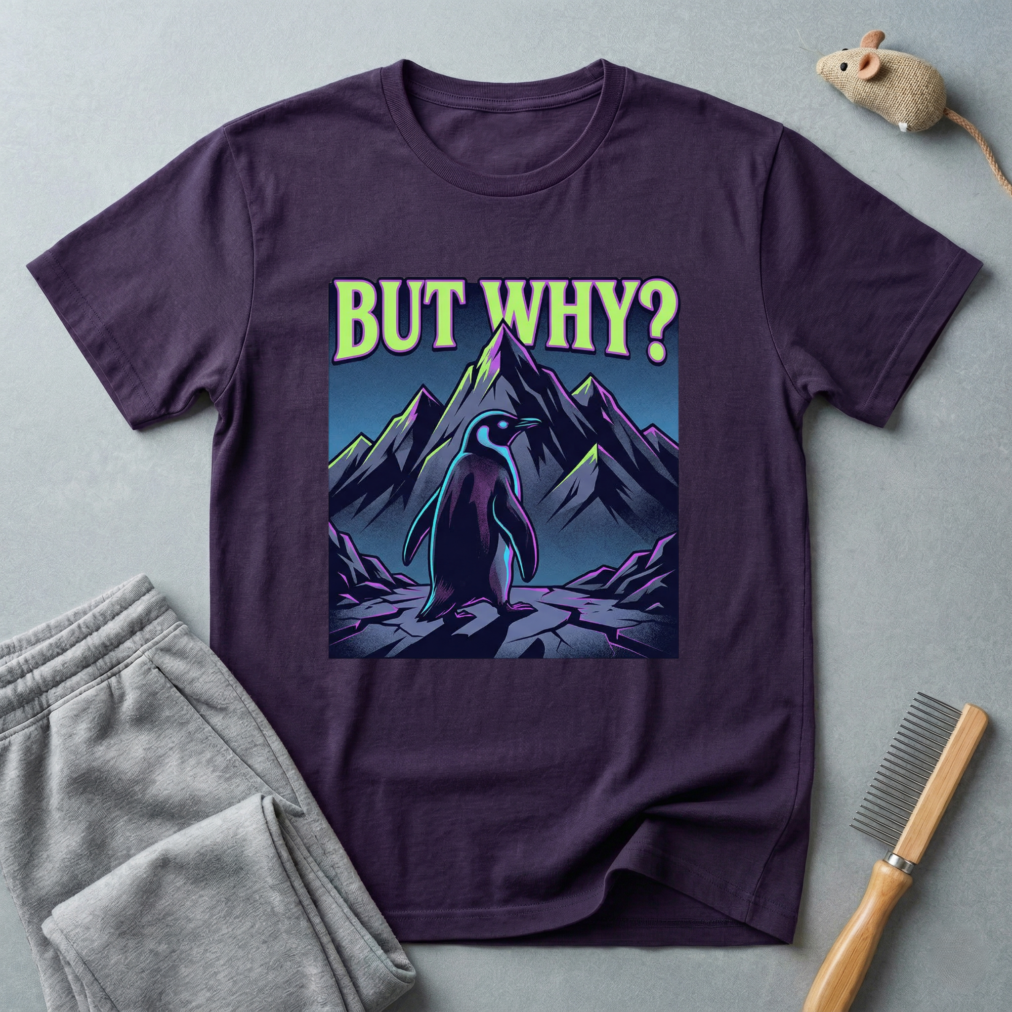 T-shirt — Silhouette de montagne minimaliste avec motif pingouin «But Why»