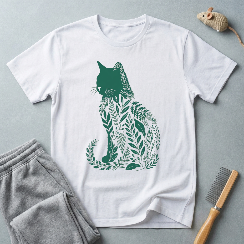 T-shirt à silhouette de chat — Motif de feuilles botaniques