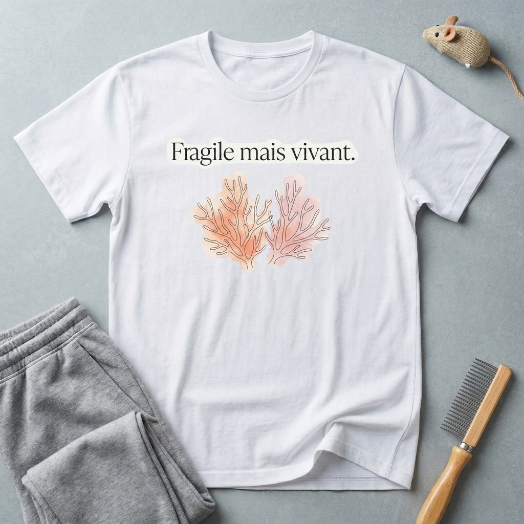 T-shirt floral « Fragile mais vivant. » — T-shirt citation française avec illustration botanique pastel
