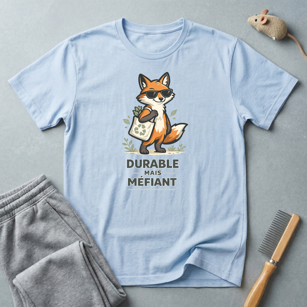 T-shirt illustration de renard — "Durable Mais Méfiant"