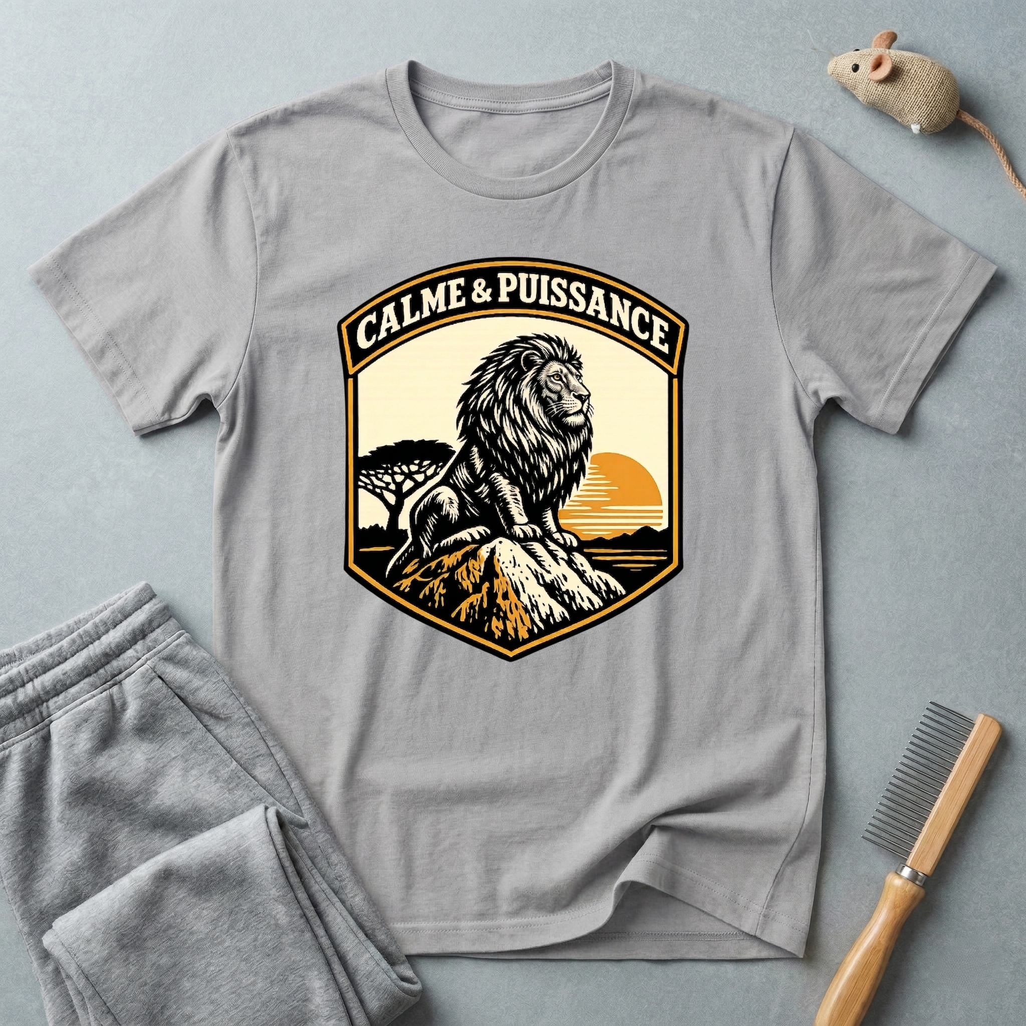T-shirt graphique Lion «Calme & Puissance» — T-shirt vintage safari au coucher de soleil