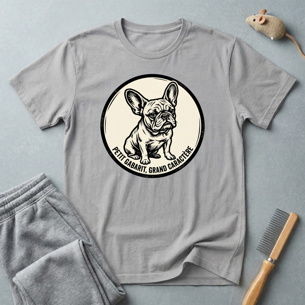 T-shirt graphique Bouledogue Français — «Courage mignon, grand caractère» Badge vintage