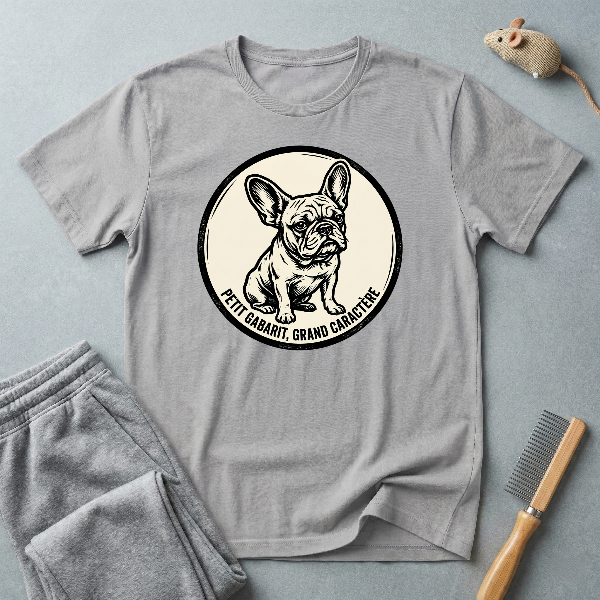 T-shirt graphique Bouledogue Français — «Courage mignon, grand caractère» Badge vintage