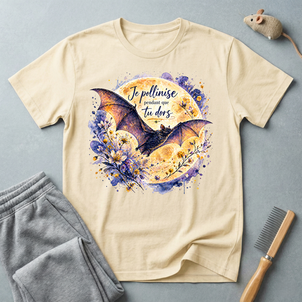 T-shirt floral chauve-souris aquarelle — «Je pollinise pendant que tu dors»