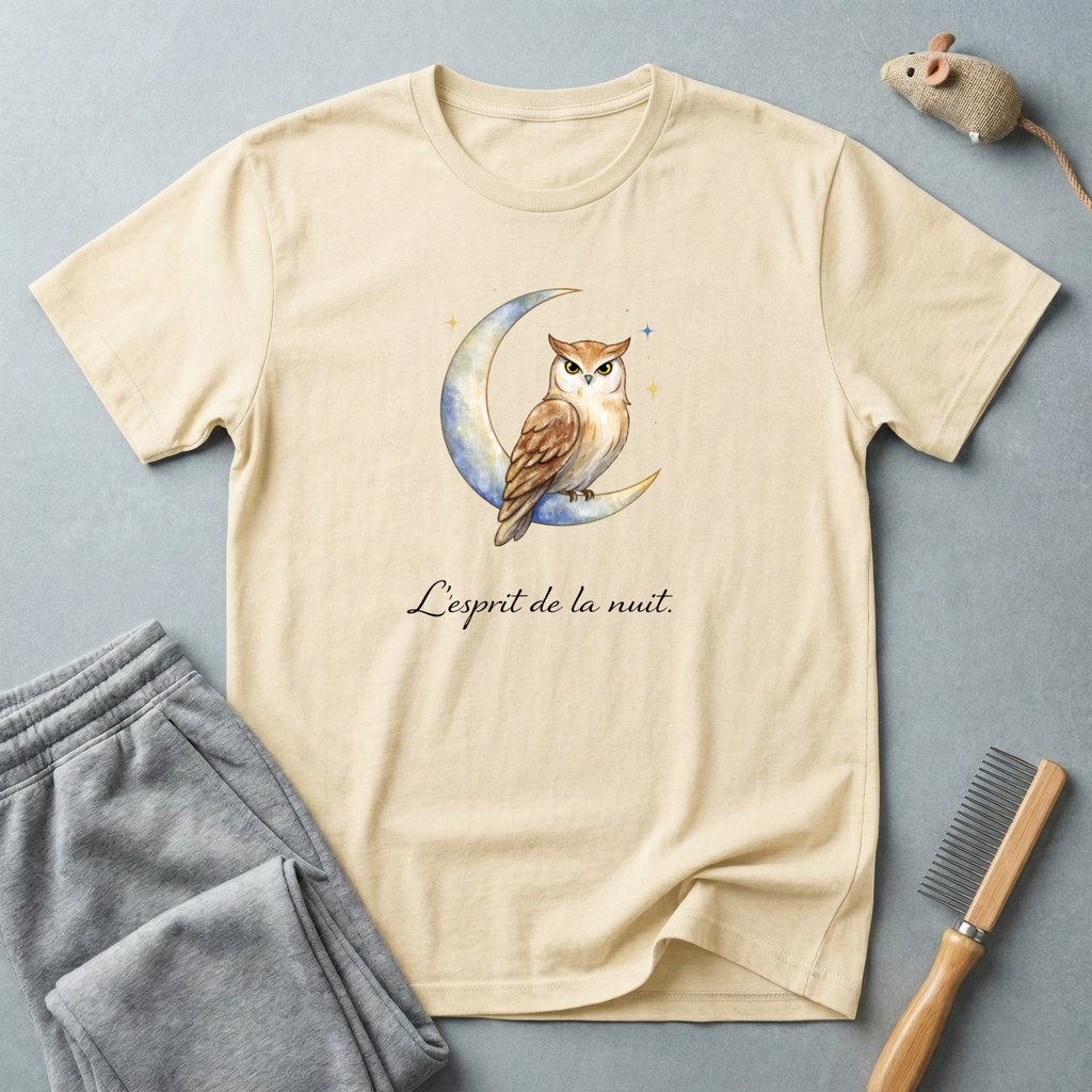 T-shirt Hibou sur croissant de lune aquarelle «L’esprit de la nuit»