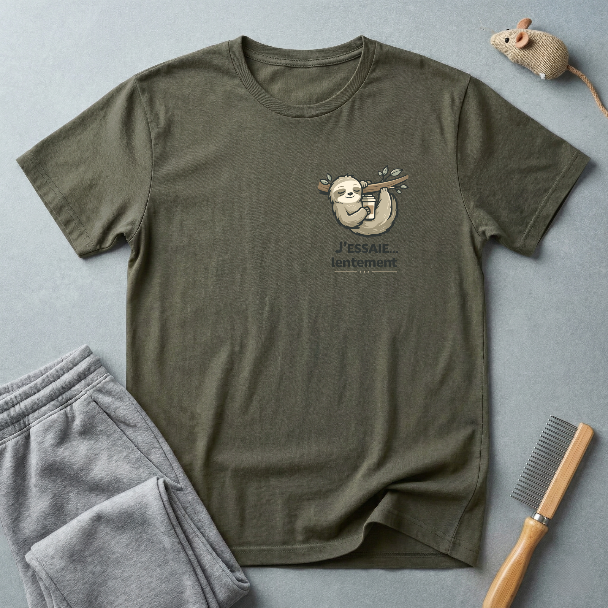 T-shirt illustration de paresseux — «J’essaie… mais lentement»