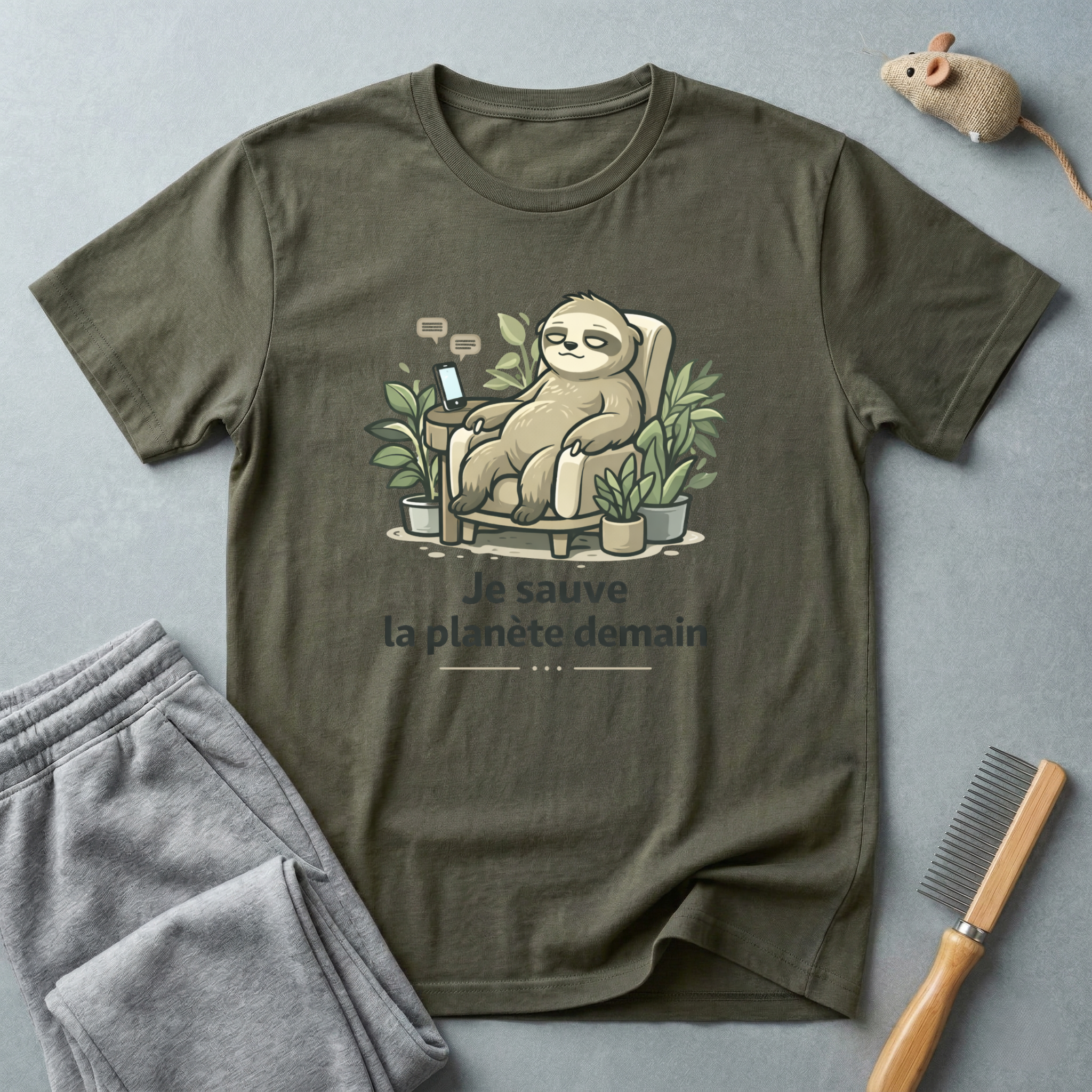 T-shirt éco paresseux — «Je sauve la planète demain»
