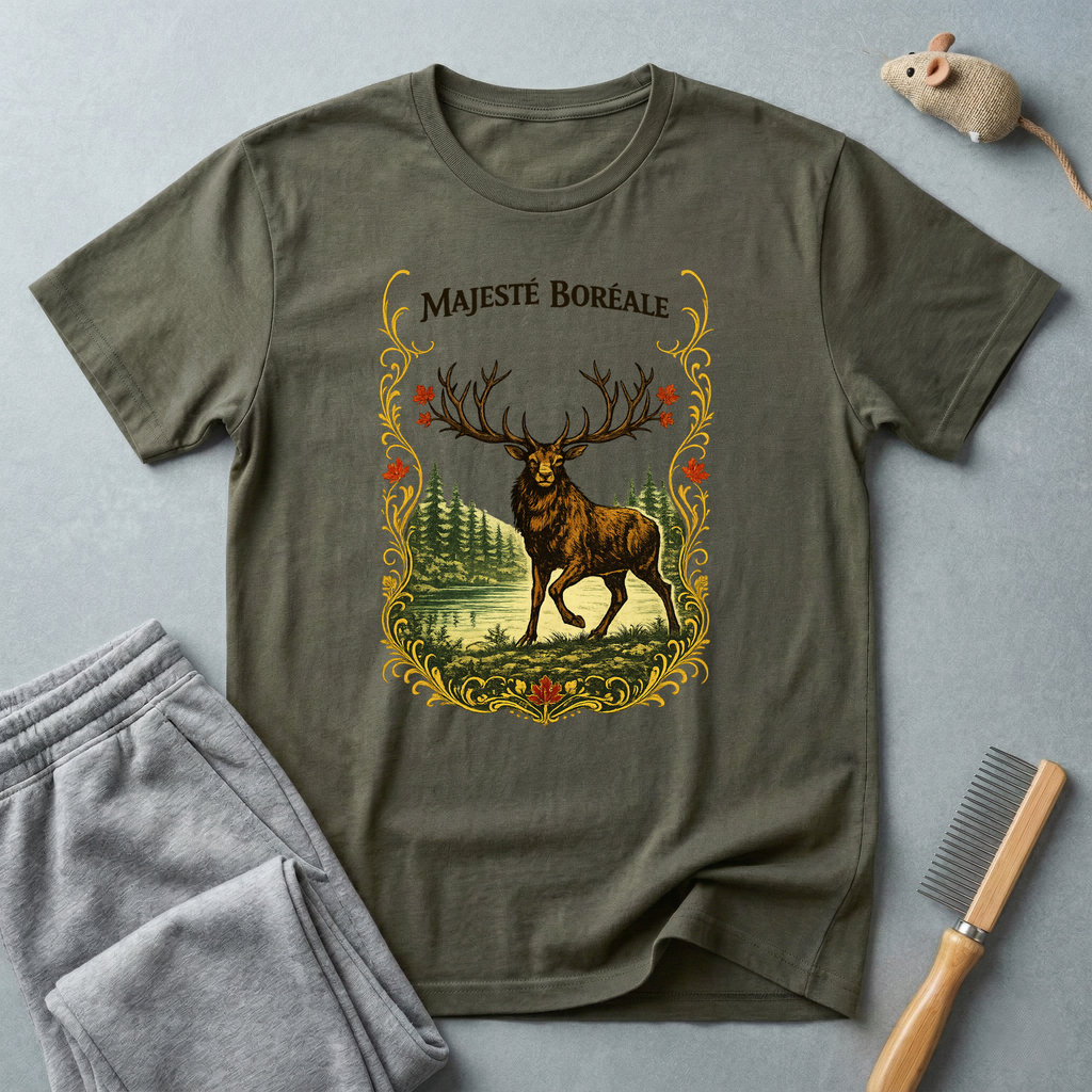 T-shirt Cerf «Majesté Boréale» — T-shirt graphique élan style forêt vintage 🦌🌲