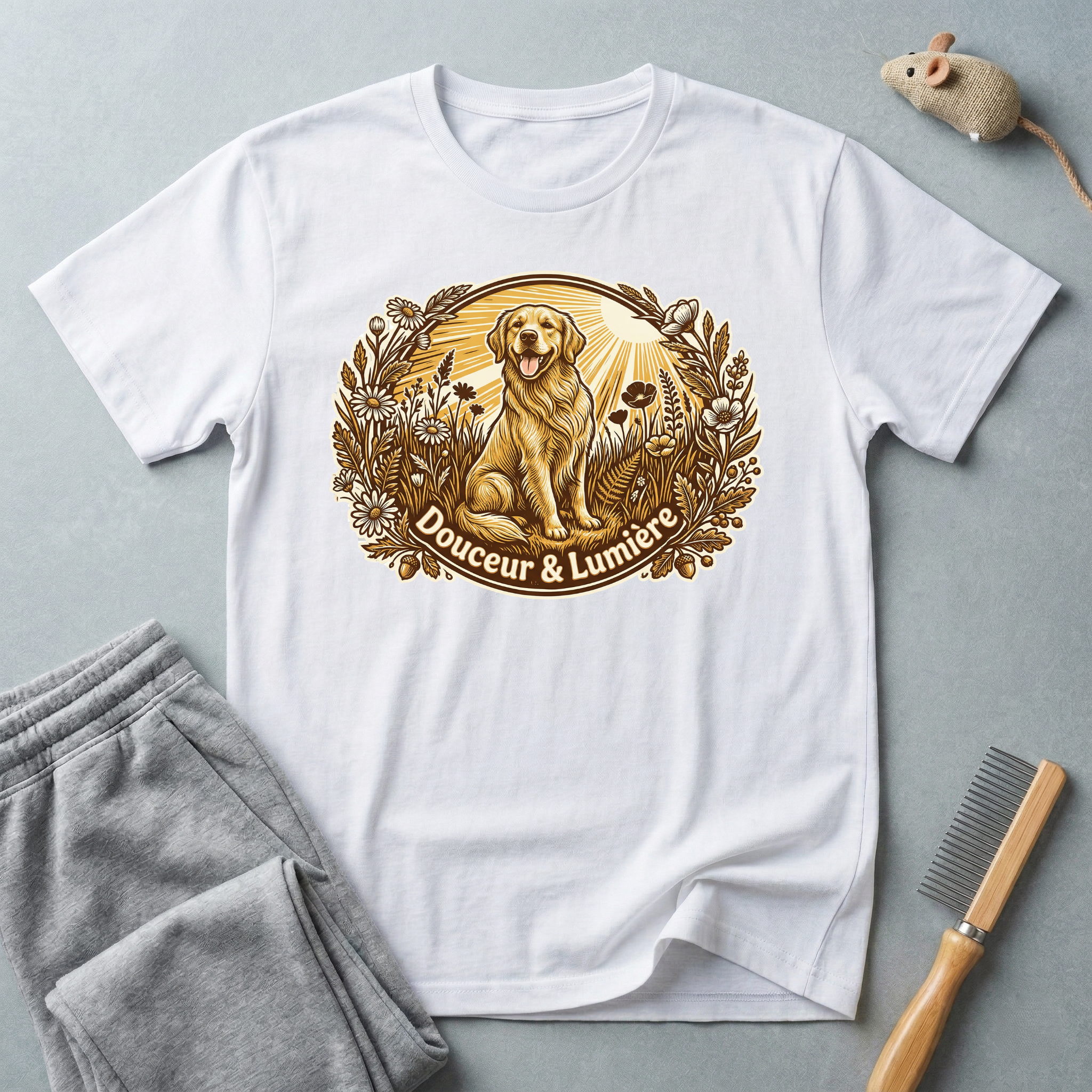 T-shirt Golden Retriever floral — T-shirt graphique chien vintage «Douceur & Lumière»