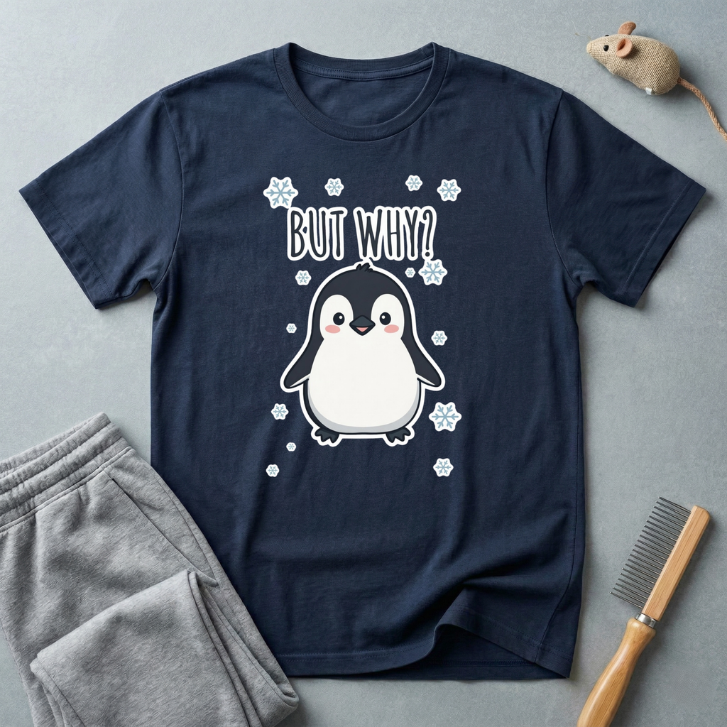 T-shirt pingouin «But Why?» — T-shirt graphique d’hiver mignon