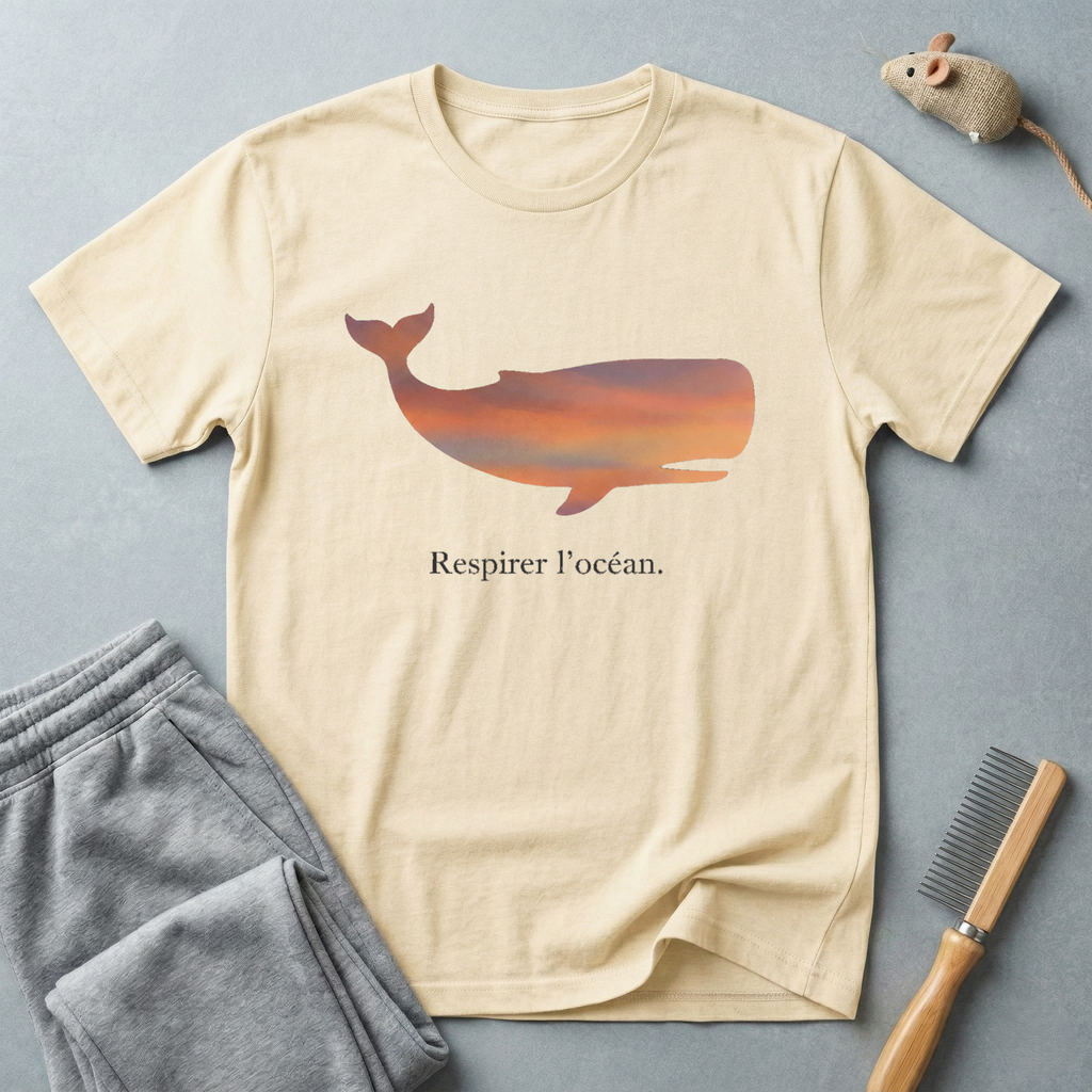 T-shirt — Silhouette de baleine au coucher de soleil «Respirer l’océan»