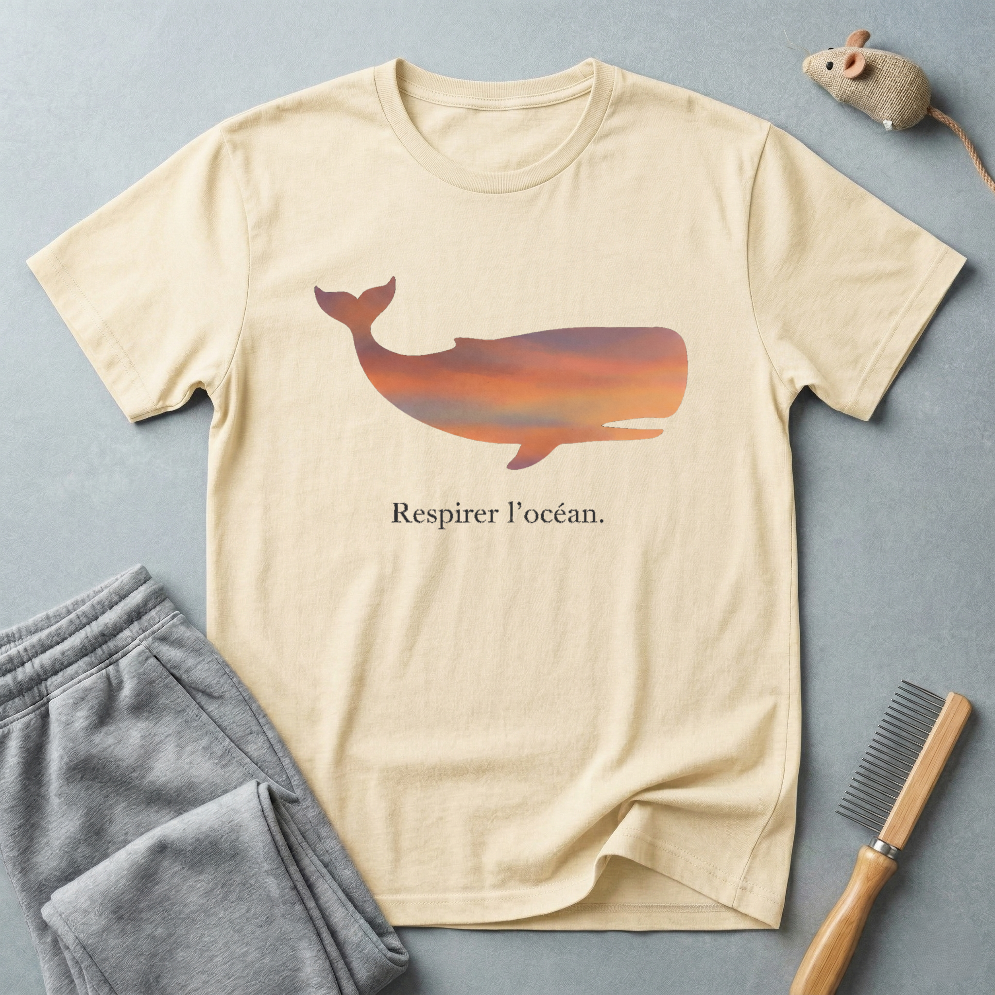 T-shirt — Silhouette de baleine au coucher de soleil «Respirer l’océan»