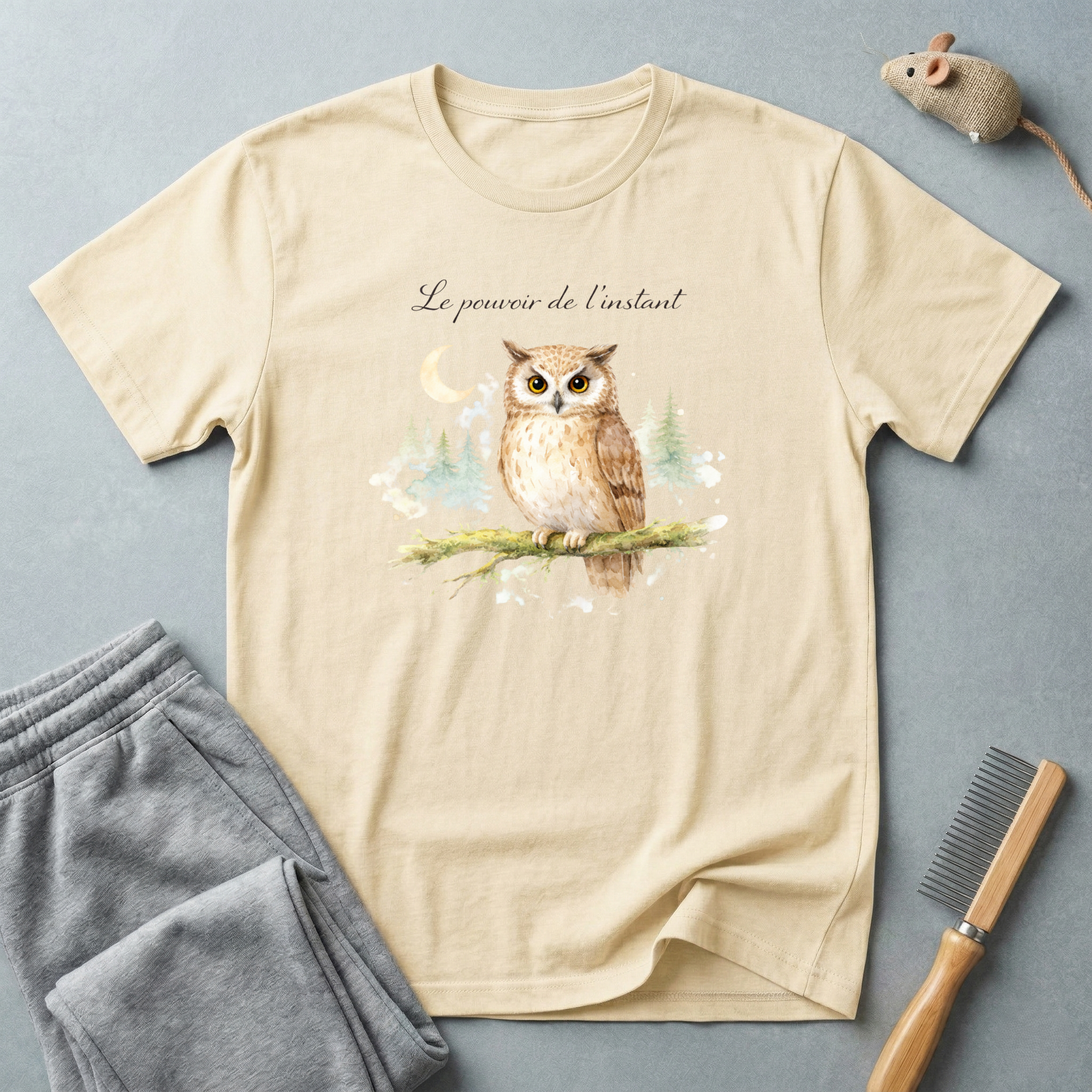 T-shirt hibou aquarelle — T-shirt graphique forêt nocturne «Le pouvoir de la nuit»