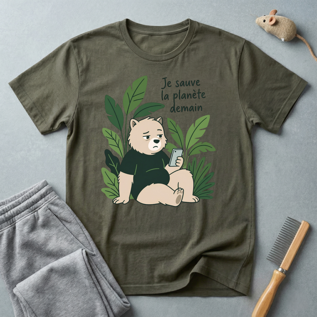 T-Shirt — Je sauve la planète demain (Ourson se relaxant avec des plantes)