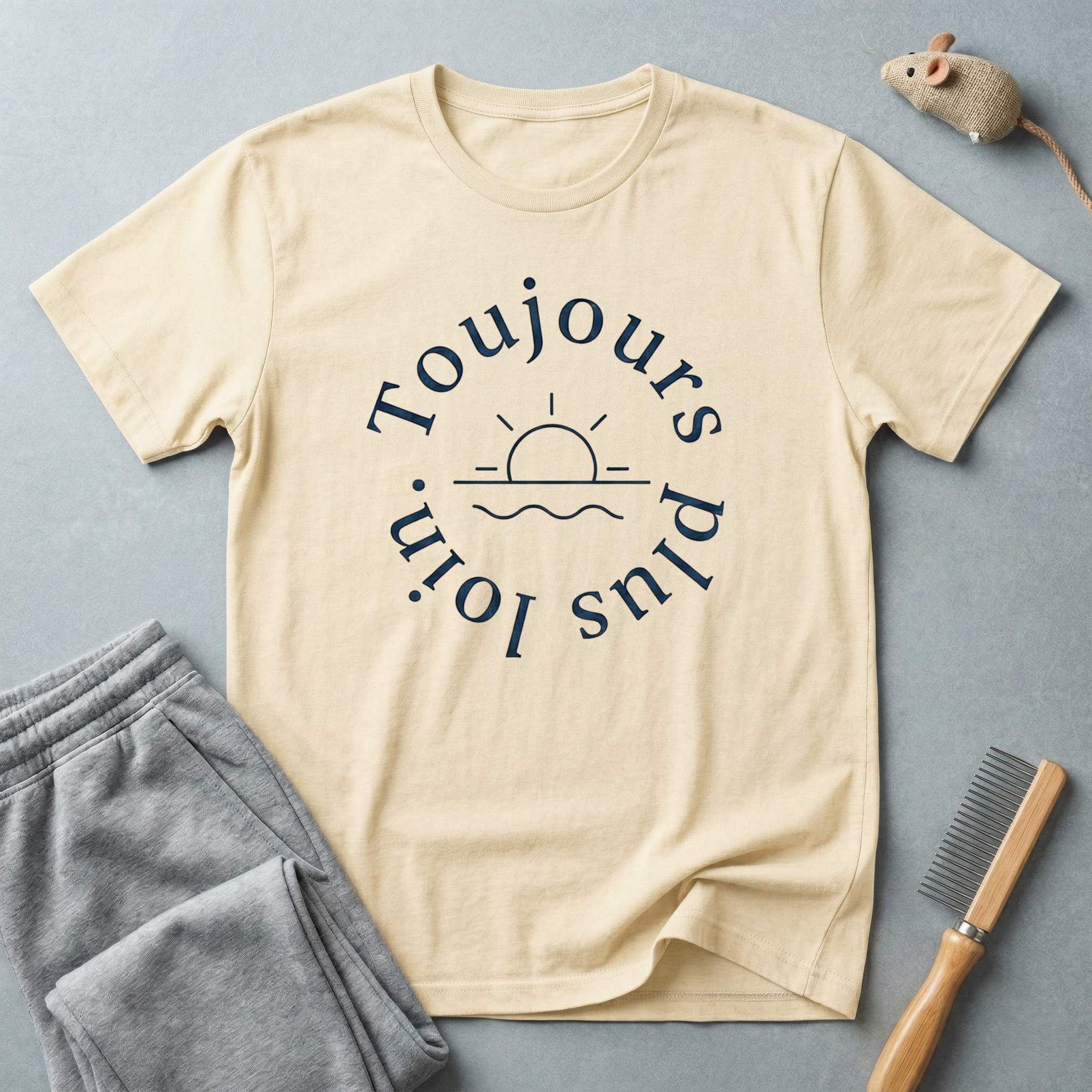 T-shirt «Toujours Plus Loin» — T-shirt graphique minimaliste lever de soleil