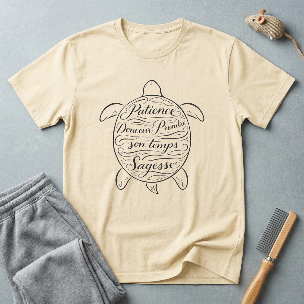 T-shirt — Motif tortue en écriture manuscrite «Patience, Rêves, Sagesse»