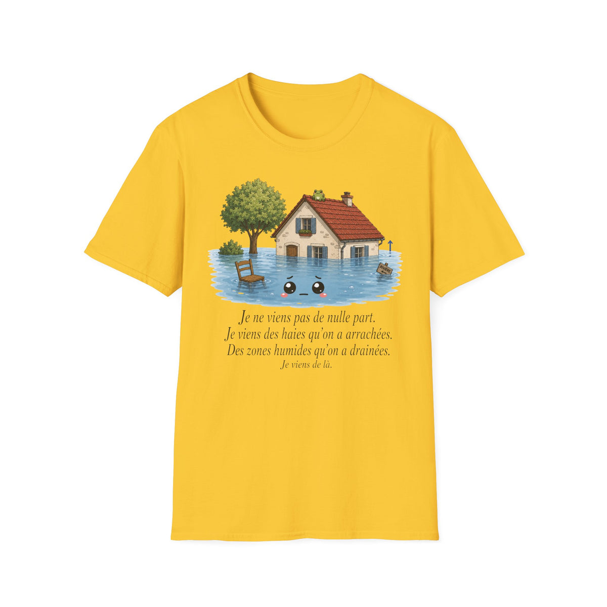 T-shirt « Maison inondée » — Adorable illustration kawaii d’une maison dans les eaux montante