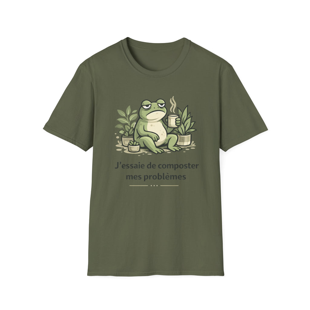 Frog Composting T-Shirt – "J'essaie de composter mes problèmes" French Eco Humor Tee