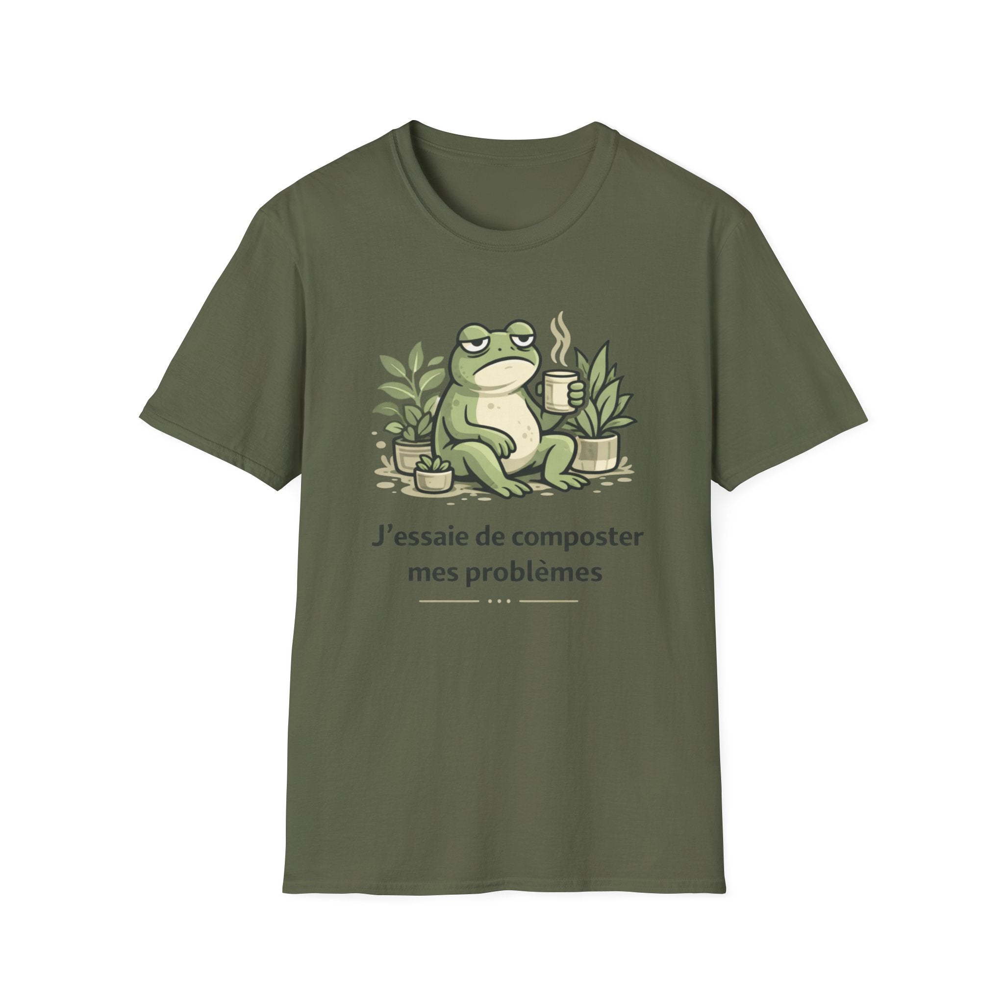 Frog Composting T-Shirt – "J'essaie de composter mes problèmes" French Eco Humor Tee