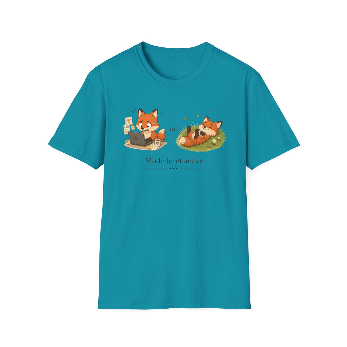 T-shirt graphique avec renards — « Mode forêt activé / … »