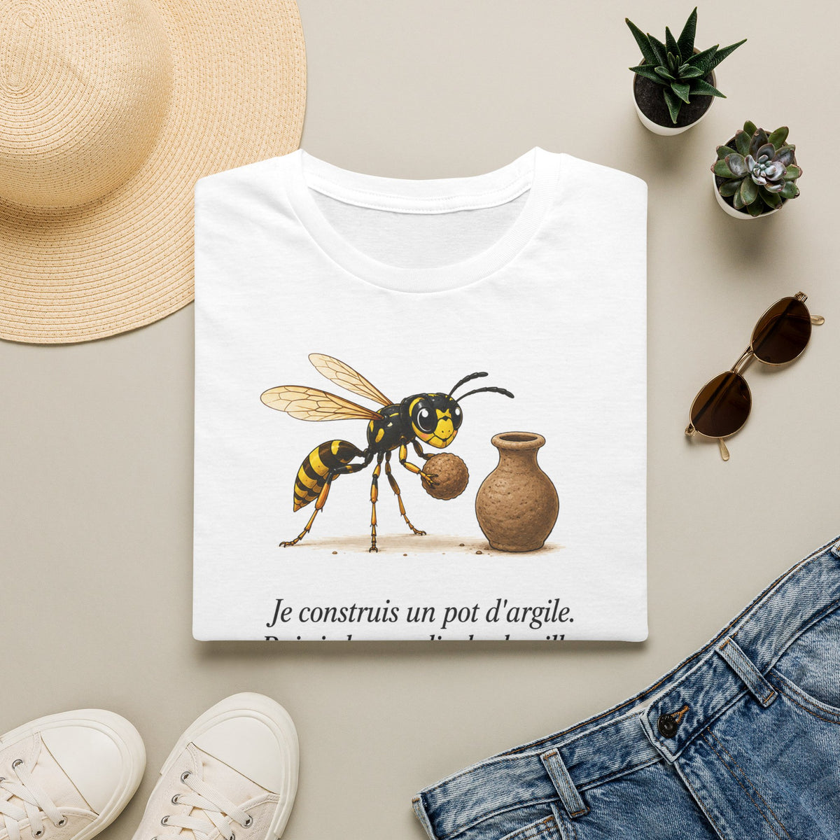 T-shirt — Guêpe avec illustration d’un pot en argile (« Je construis un pot d’argile »)