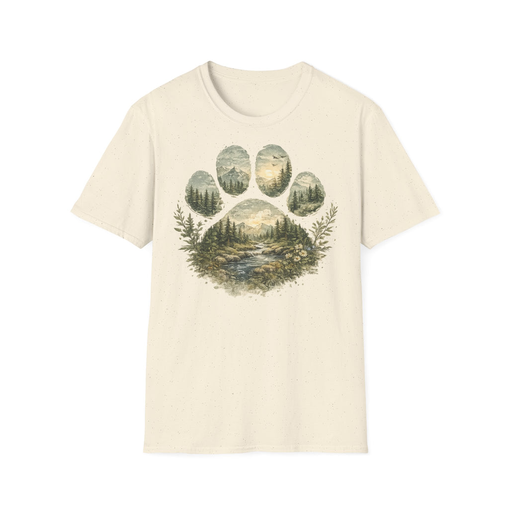 Wild Paw Landscape T-Shirt — Mountain Forest Paw Print Nature Tee