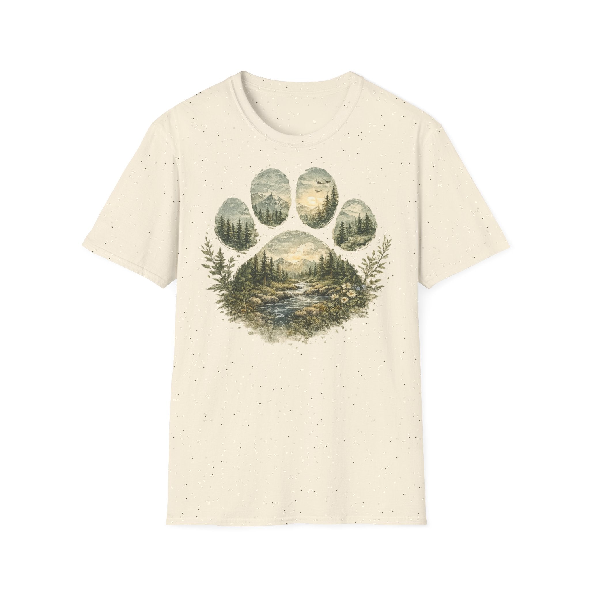 Wild Paw Landscape T-Shirt — Mountain Forest Paw Print Nature Tee