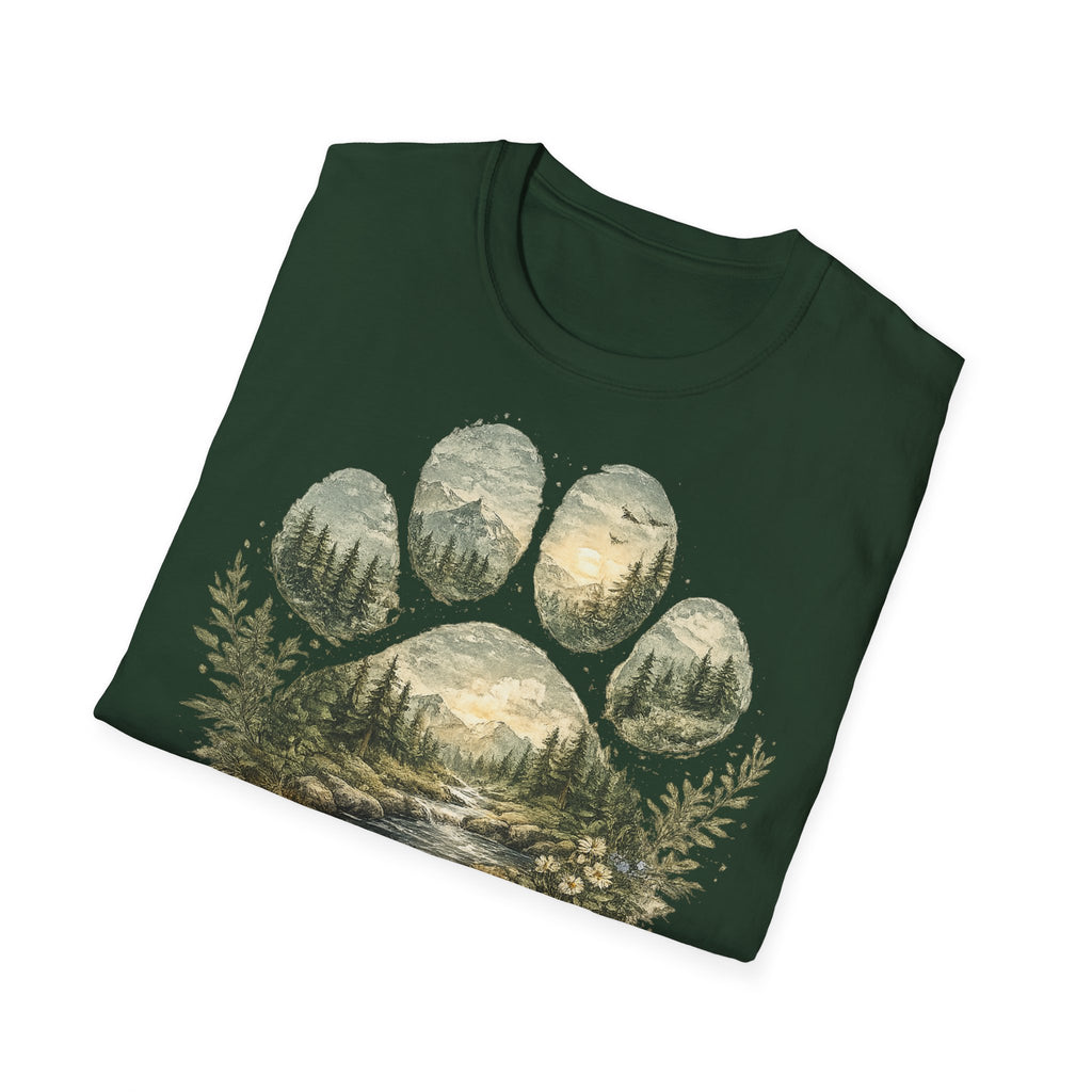 Wild Paw Landscape T-Shirt — Mountain Forest Paw Print Nature Tee