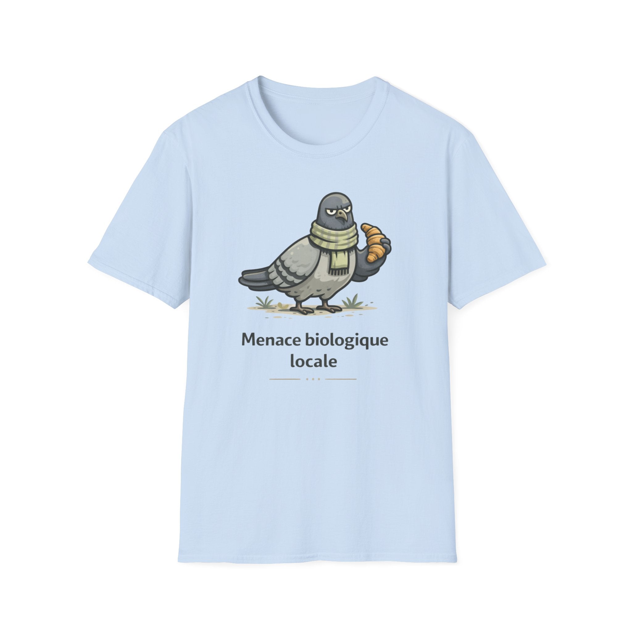 T-Shirt — "Menace biologique locale" Pigeon with Scarf and Croissant Cute Graphic