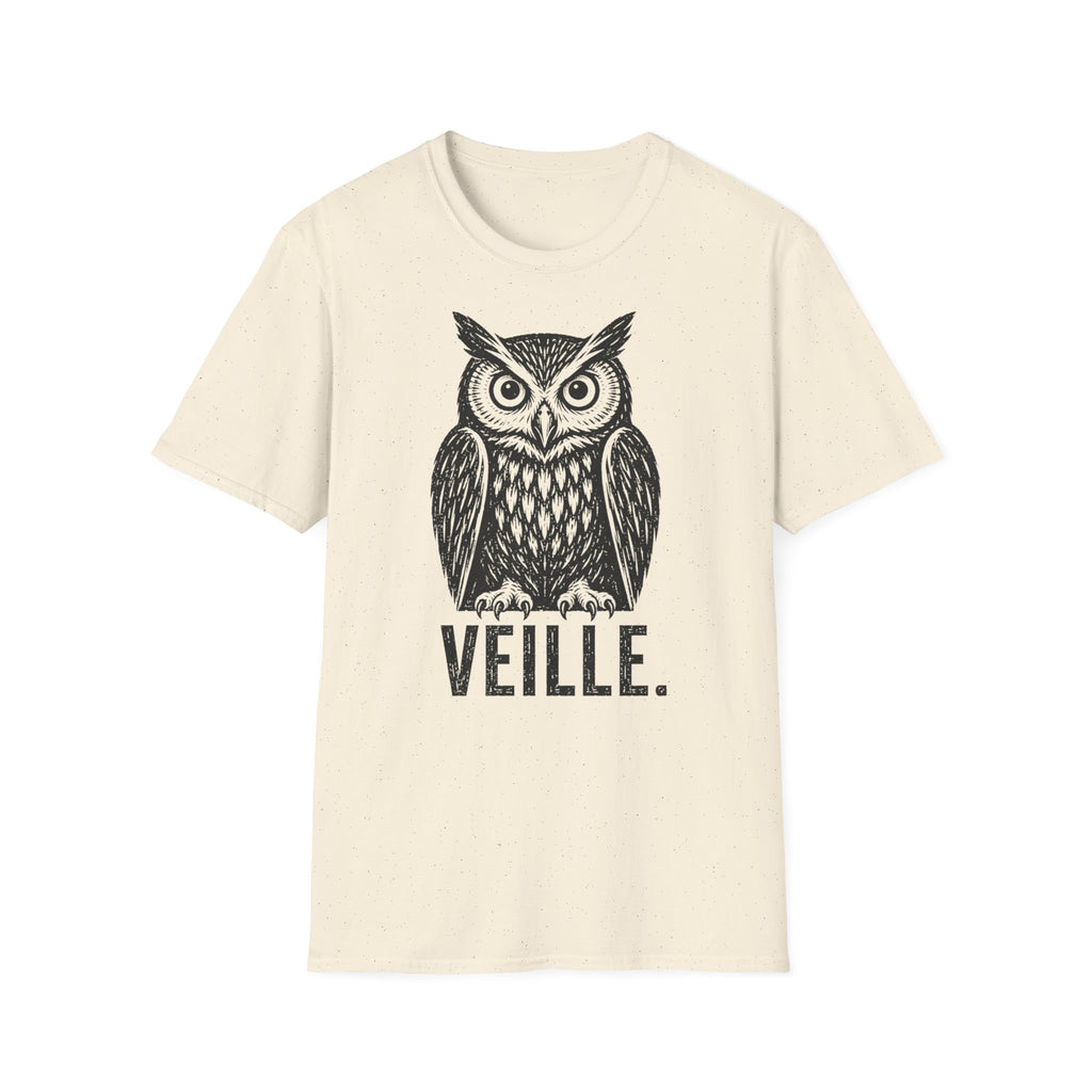T-shirt illustré avec hibou — « VEILLE. » — T-shirt graphique vintage de veille nocturne