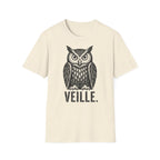 T-shirt illustré avec hibou — « VEILLE. » — T-shirt graphique vintage de veille nocturne