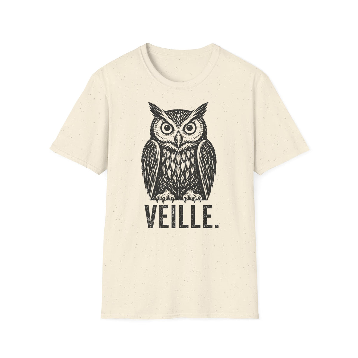 T-shirt illustré avec hibou — « VEILLE. » — T-shirt graphique vintage de veille nocturne