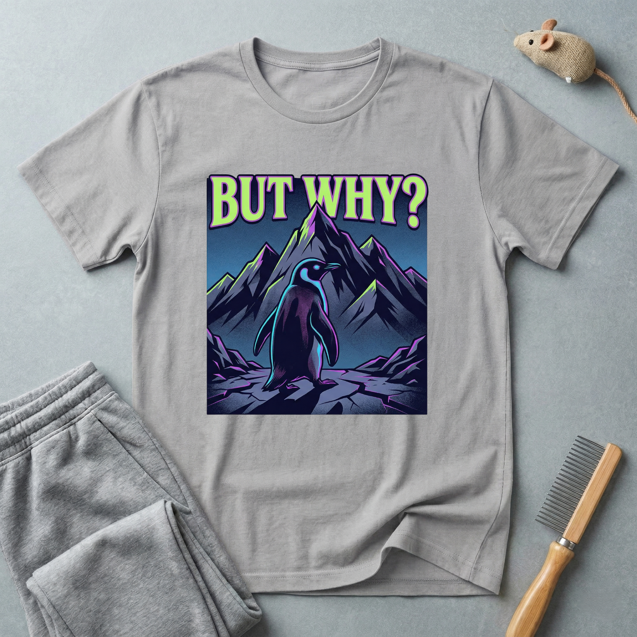T-shirt — Silhouette de montagne minimaliste avec motif pingouin «But Why»