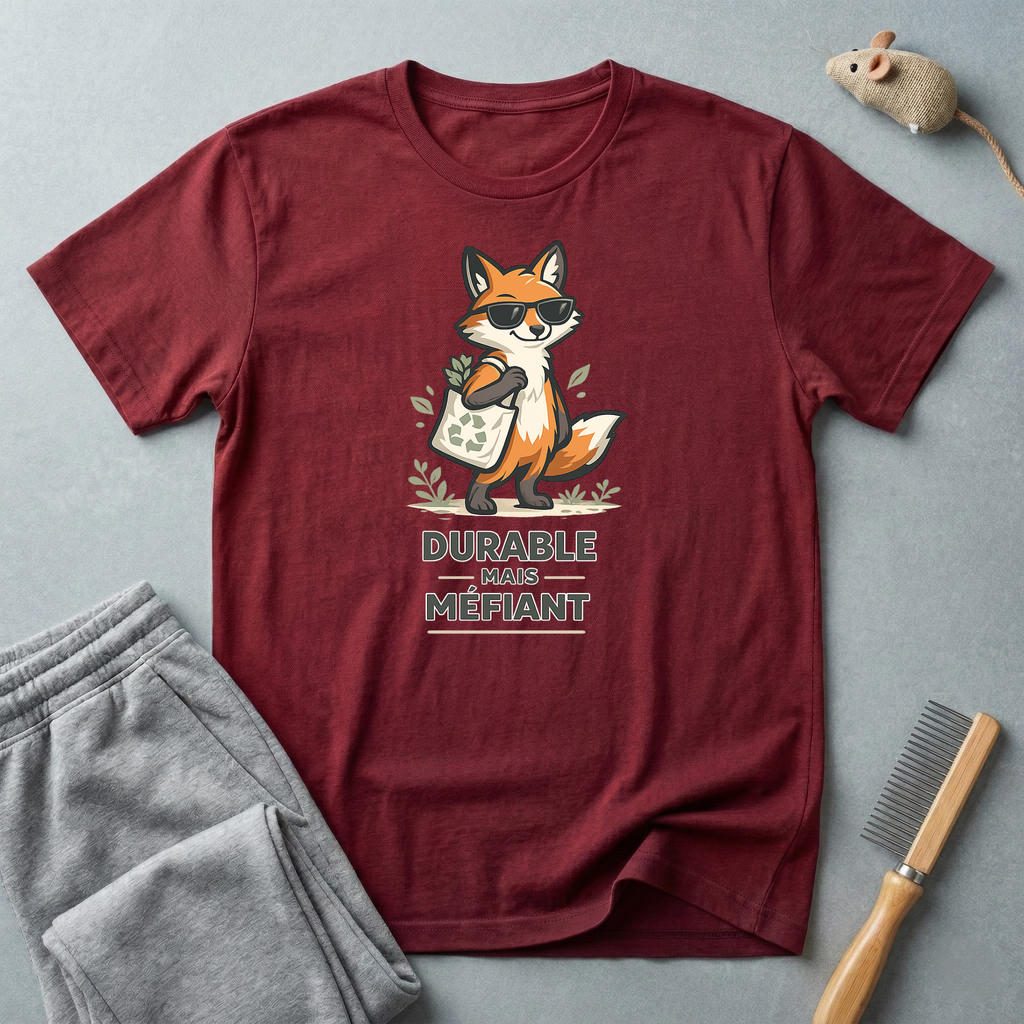 T-shirt illustration de renard — "Durable Mais Méfiant"