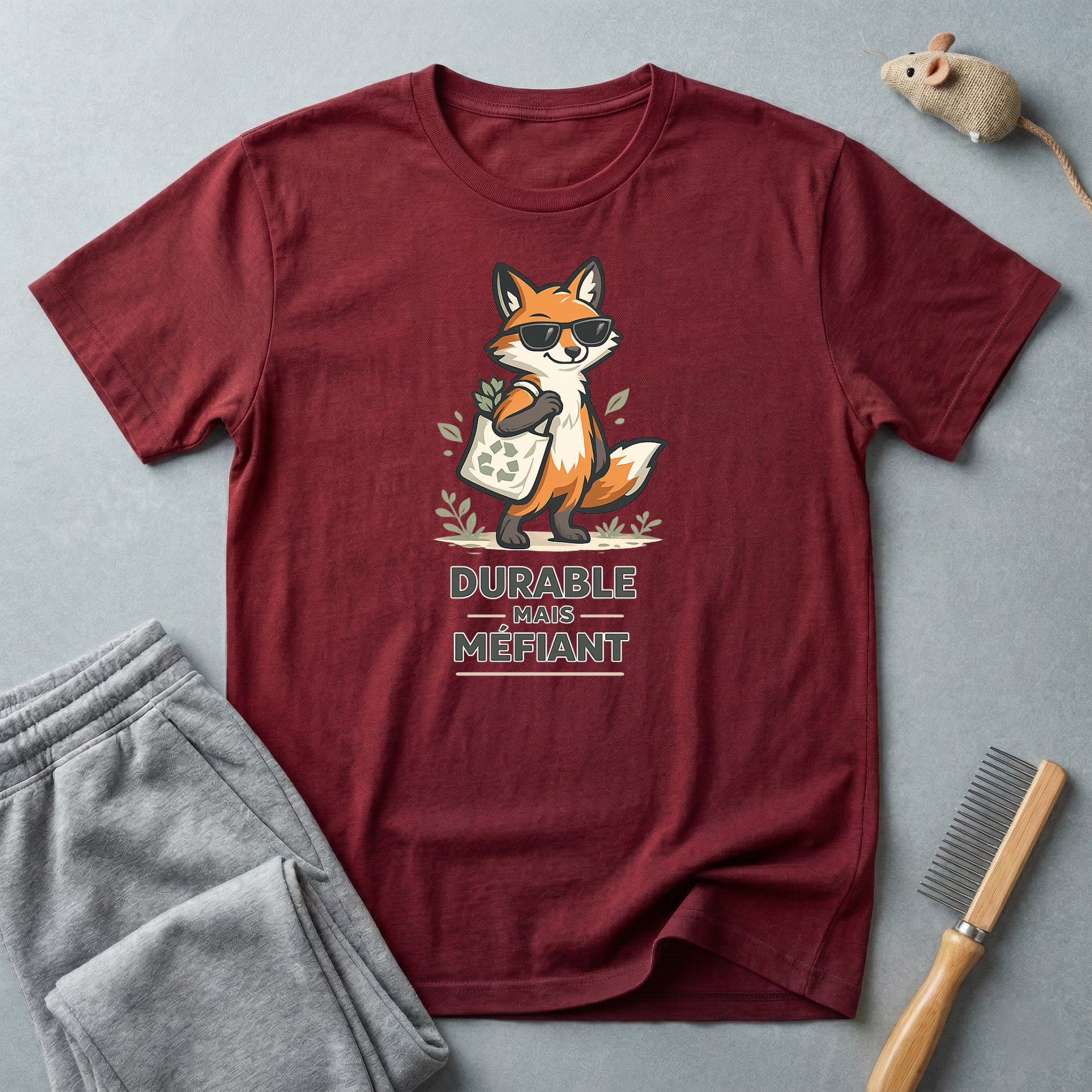 T-shirt illustration de renard — "Durable Mais Méfiant"