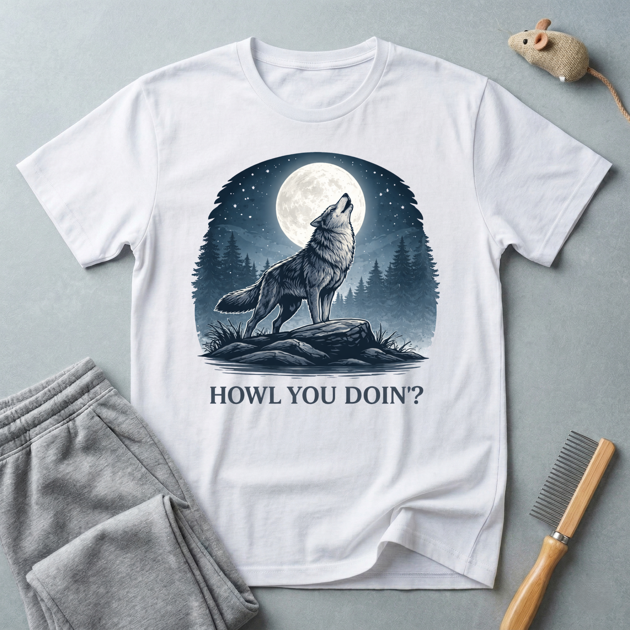Howling Wolf T-Shirt — Moonlit Forest Graphic T-Shirt “Howl You Doin?”