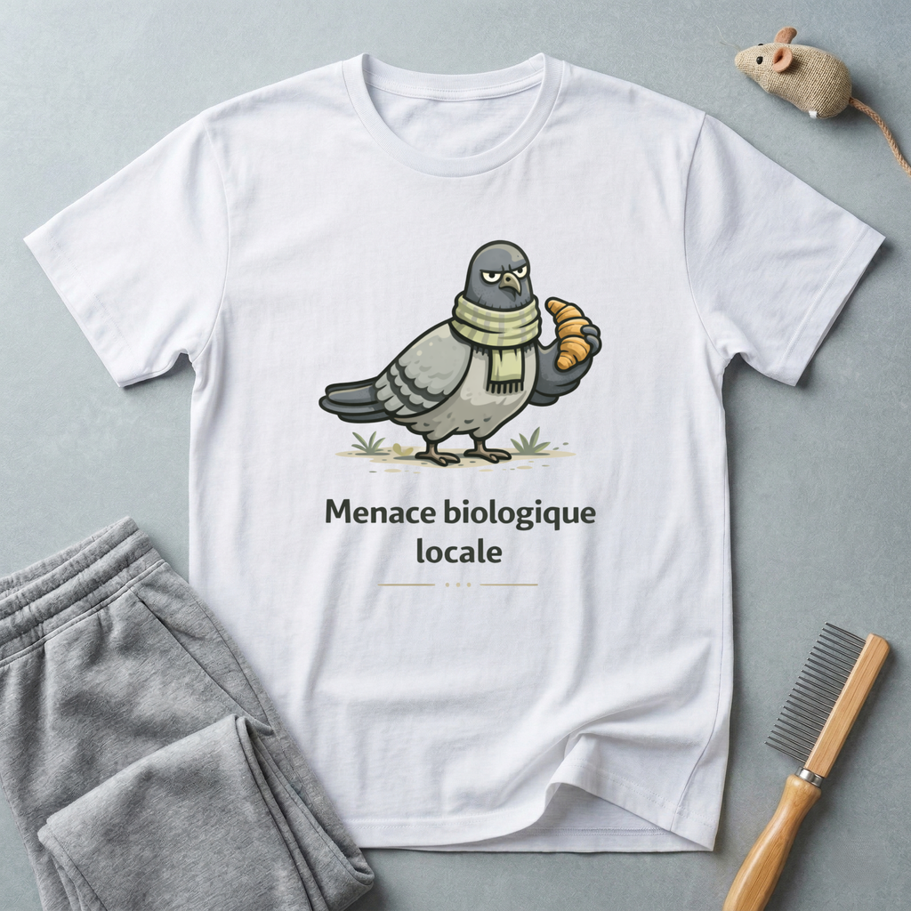 T-Shirt — "Menace biologique locale" Pigeon avec une écharpe et un croissant