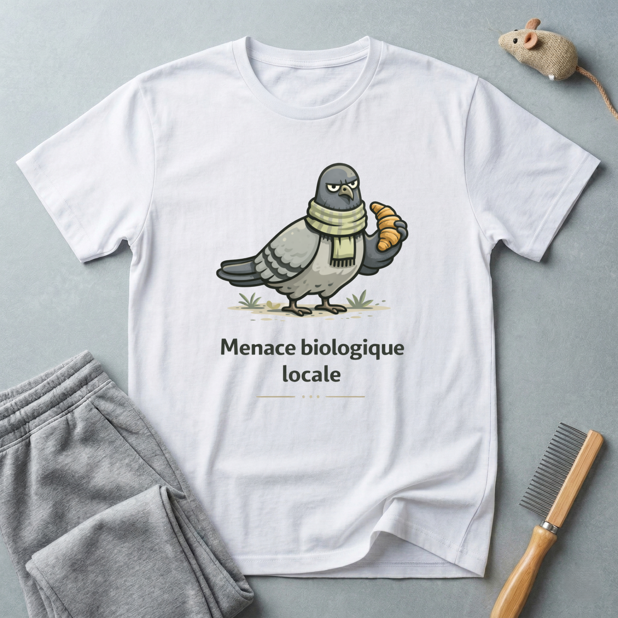 T-Shirt — "Menace biologique locale" Pigeon avec une écharpe et un croissant