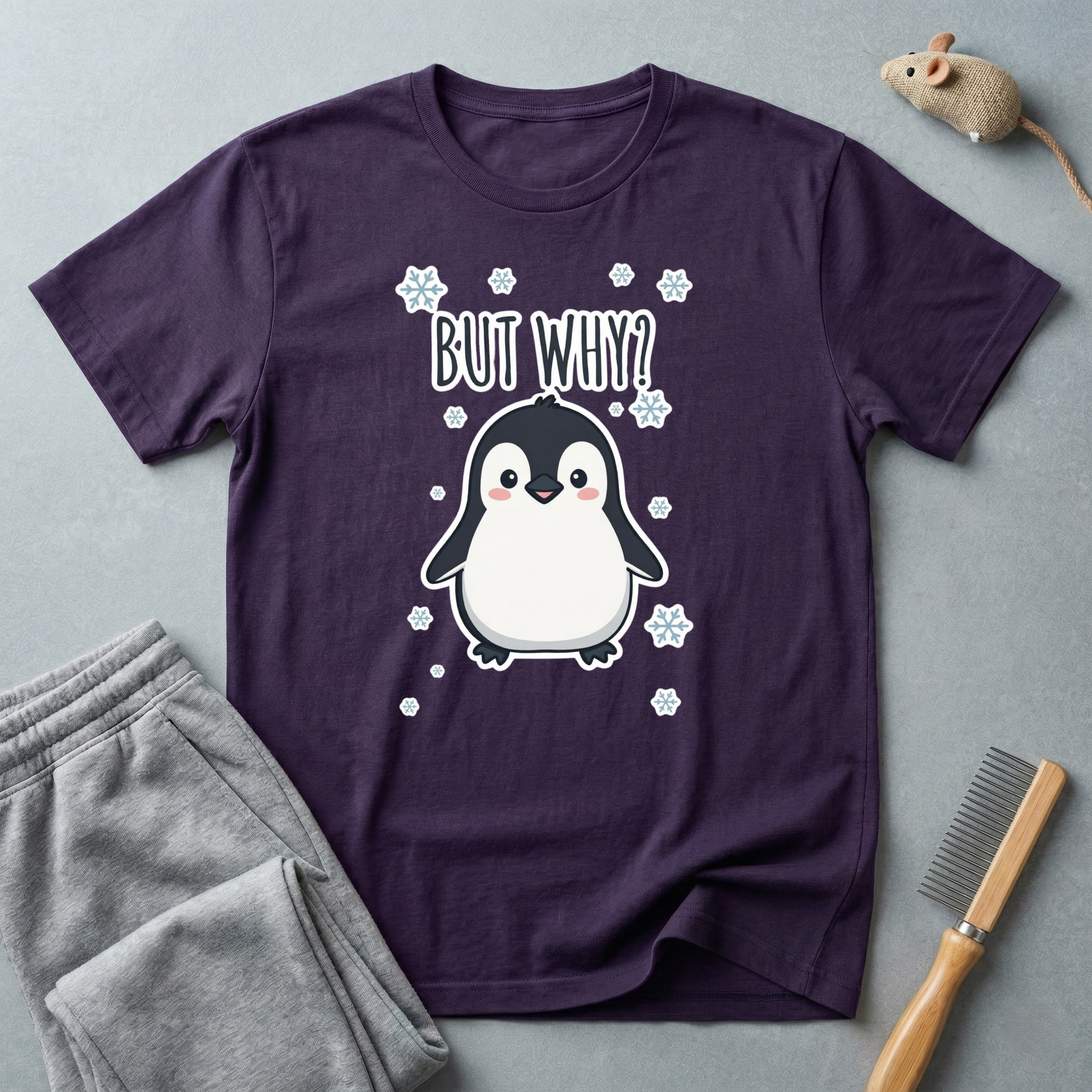 T-shirt pingouin «But Why?» — T-shirt graphique d’hiver mignon