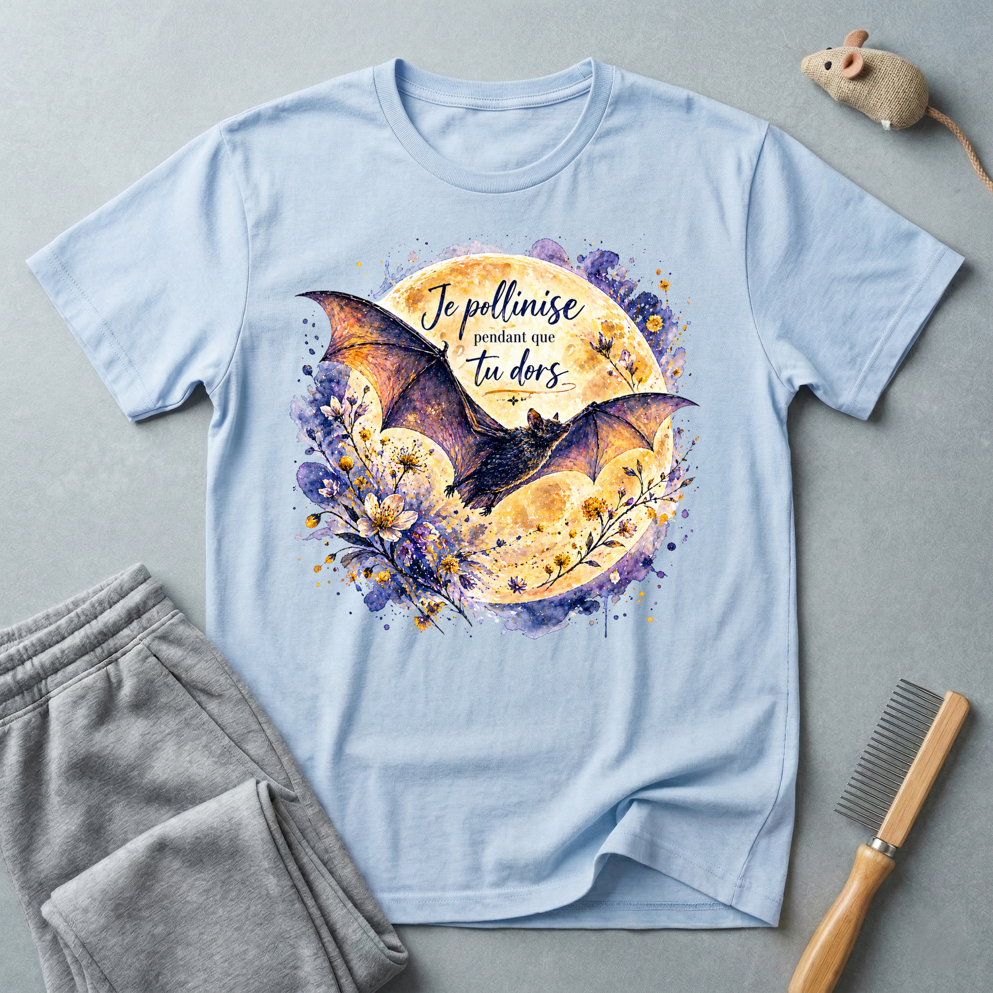 T-shirt floral chauve-souris aquarelle — «Je pollinise pendant que tu dors»