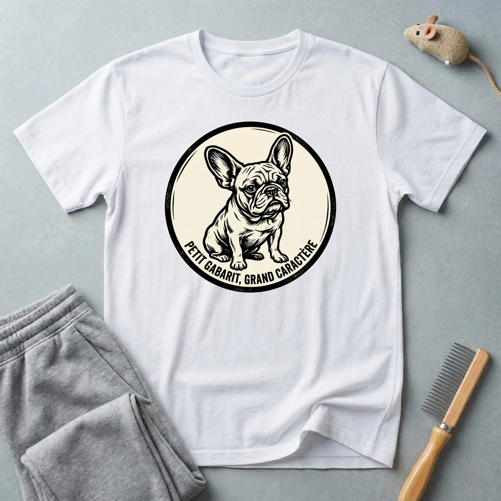 T-shirt graphique Bouledogue Français — «Courage mignon, grand caractère» Badge vintage