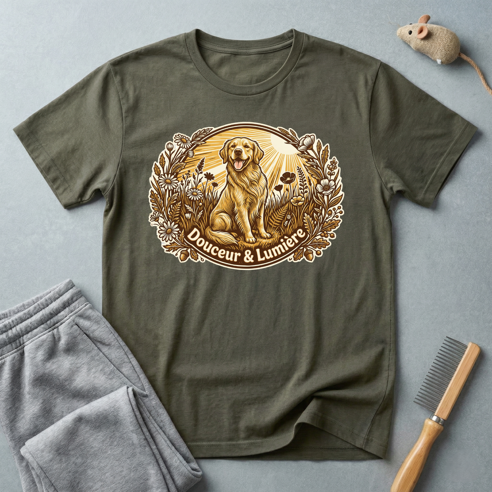 T-shirt Golden Retriever floral — T-shirt graphique chien vintage «Douceur & Lumière»