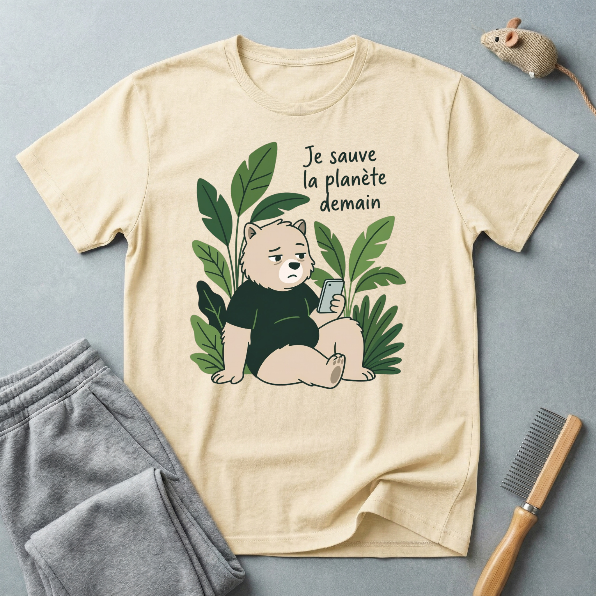 T-Shirt — Je sauve la planète demain (Ourson se relaxant avec des plantes)