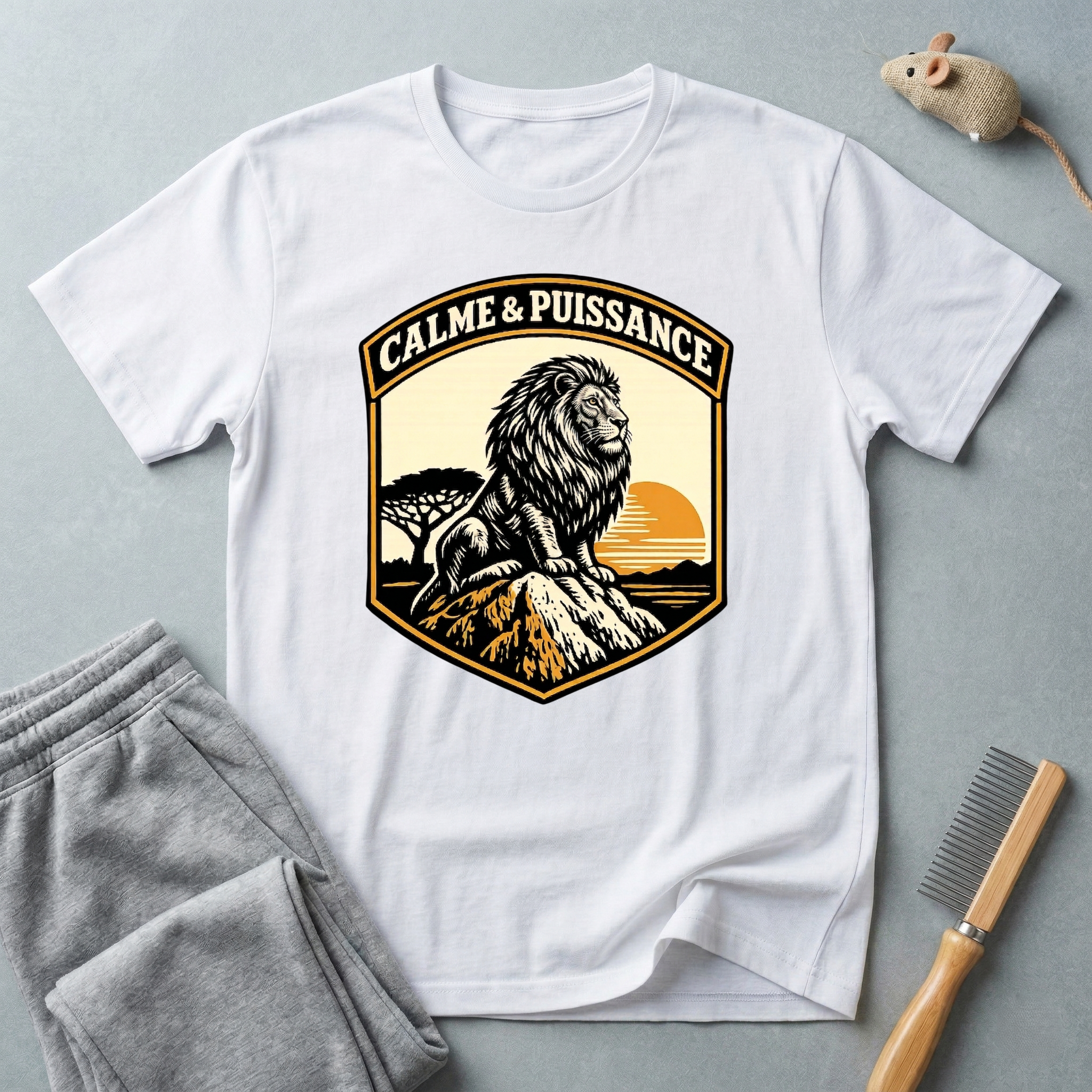 T-shirt graphique Lion «Calme & Puissance» — T-shirt vintage safari au coucher de soleil