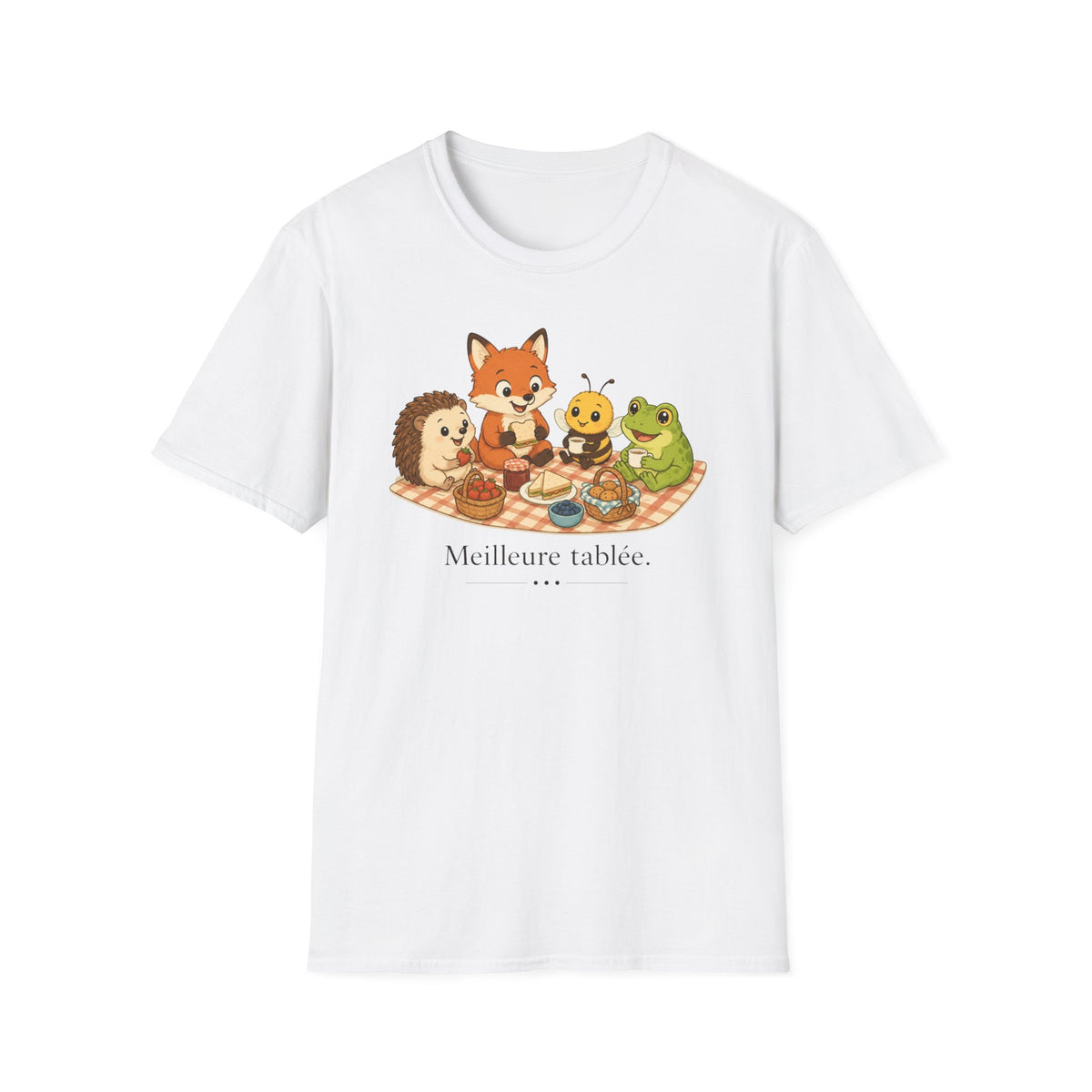 T-shirt enfant « Pique-nique des animaux » — Renard, hérisson, abeille et grenouille — Adorable illustration « Meilleure tablée »