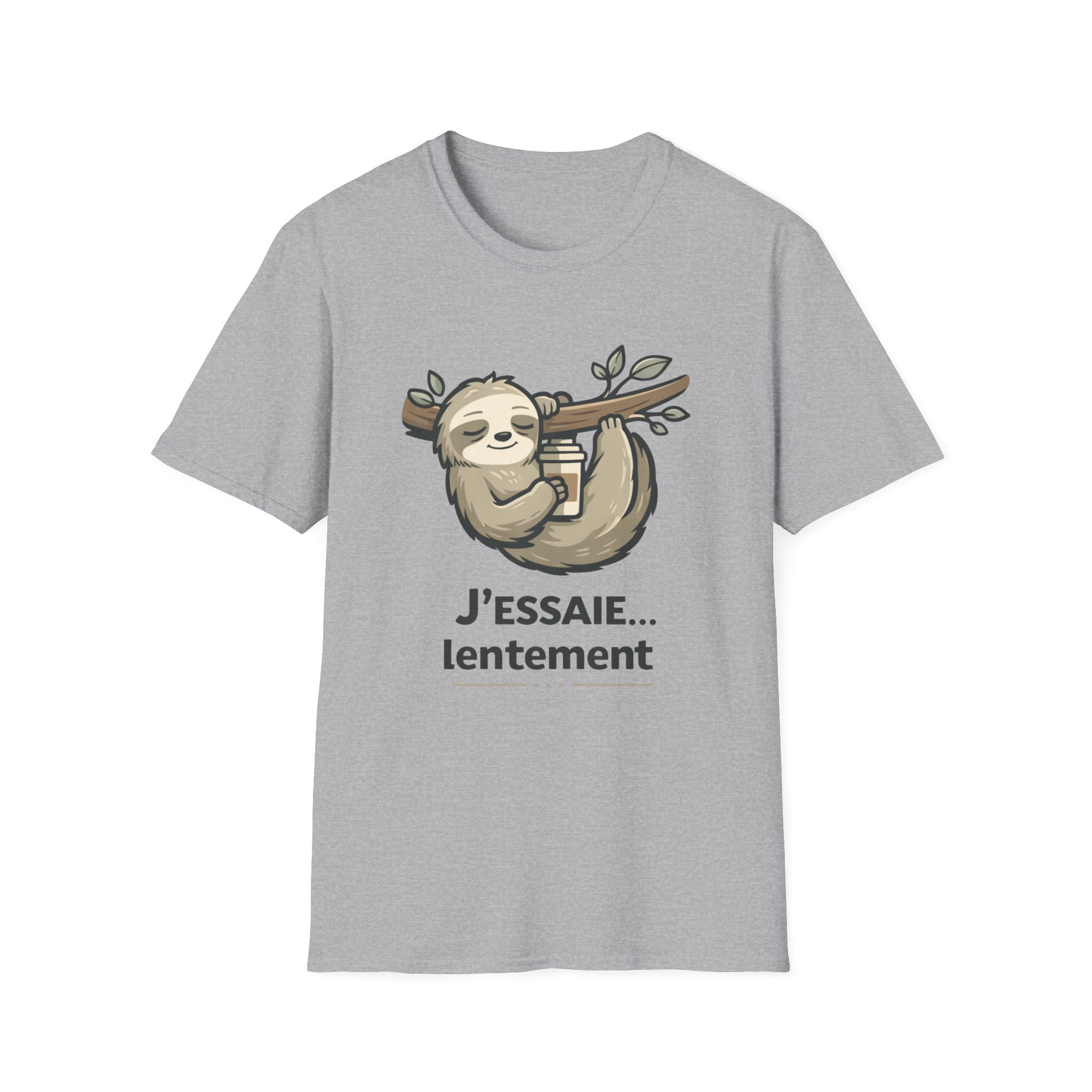 Sloth Coffee T‑Shirt — "J'essaie... lentement" Cute Relaxed French Graphic Tee