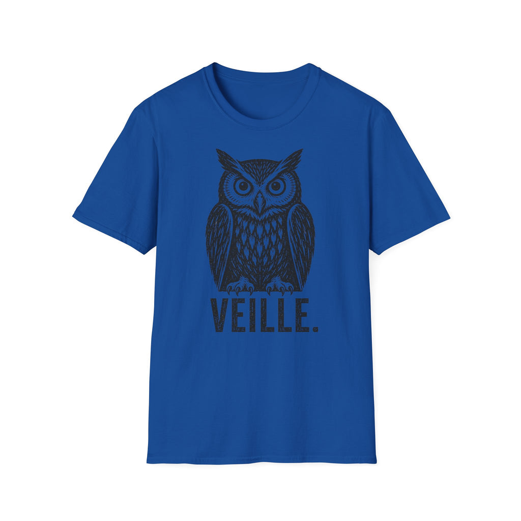 T-shirt illustré avec hibou — « VEILLE. » — T-shirt graphique vintage de veille nocturne