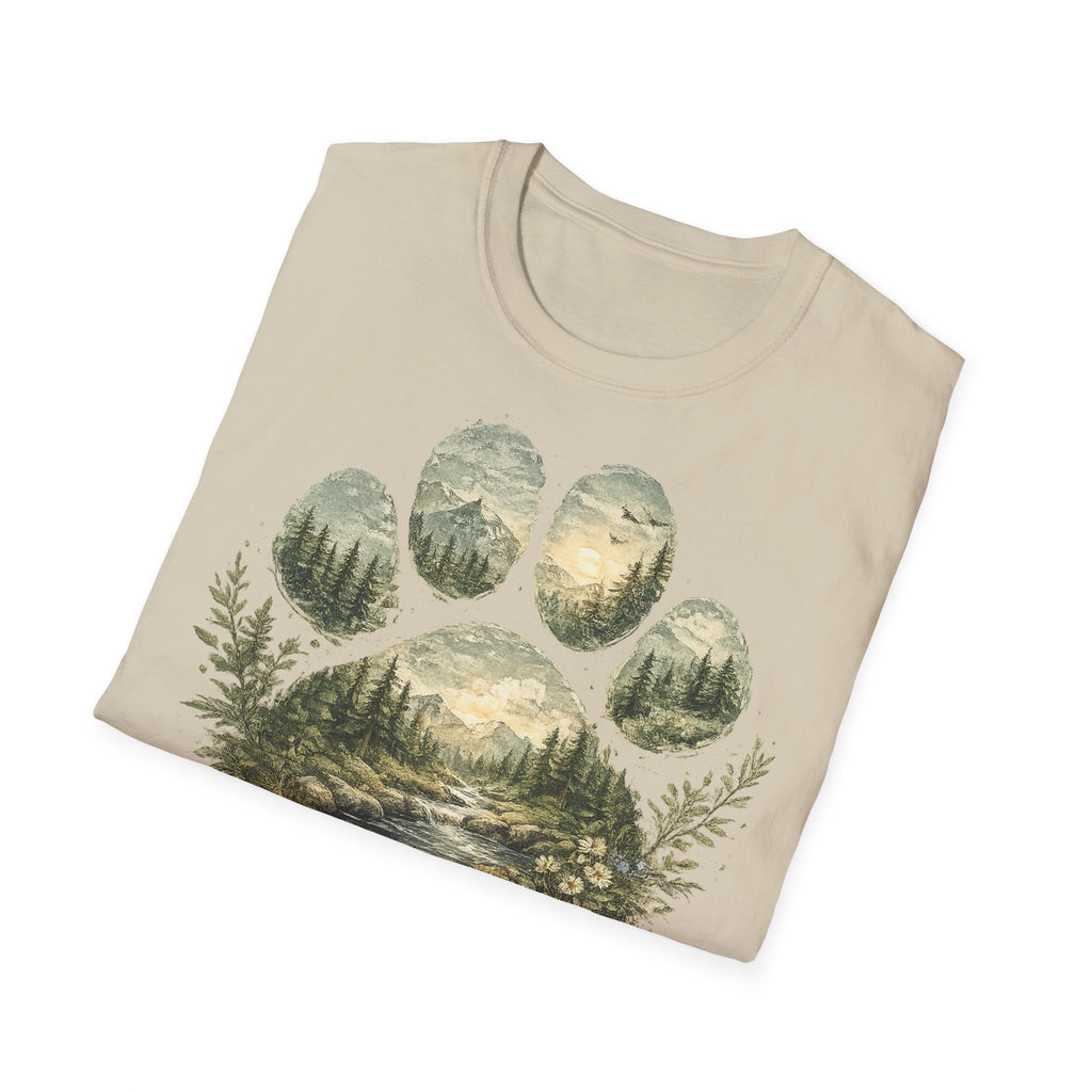 Wild Paw Landscape T-Shirt — Mountain Forest Paw Print Nature Tee